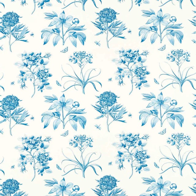 Sanderson Etchings & Roses Fabric in China/ Blue For Sale
