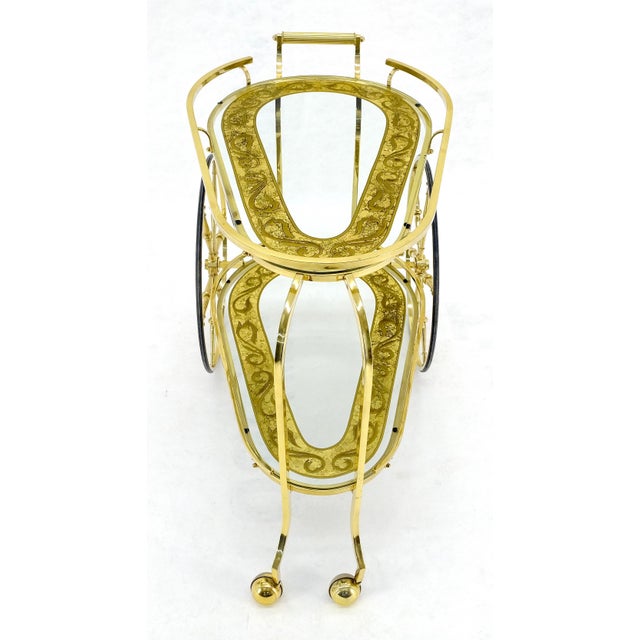 Brass Etched Glass Mid Century Modern Serving Bar Cart Wagon Style Wheels MINT For Sale - Image 13 of 14