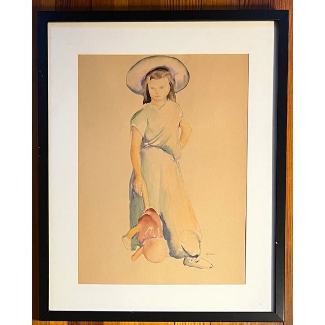 Blue American 1920's Art Deco Watercolor Painting Portrait of a Girl Signed Geller For Sale - Image 8 of 10