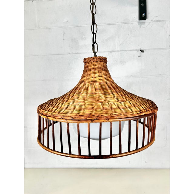 Brown Mid Century Rattan Wicker Pendant Light For Sale - Image 8 of 8