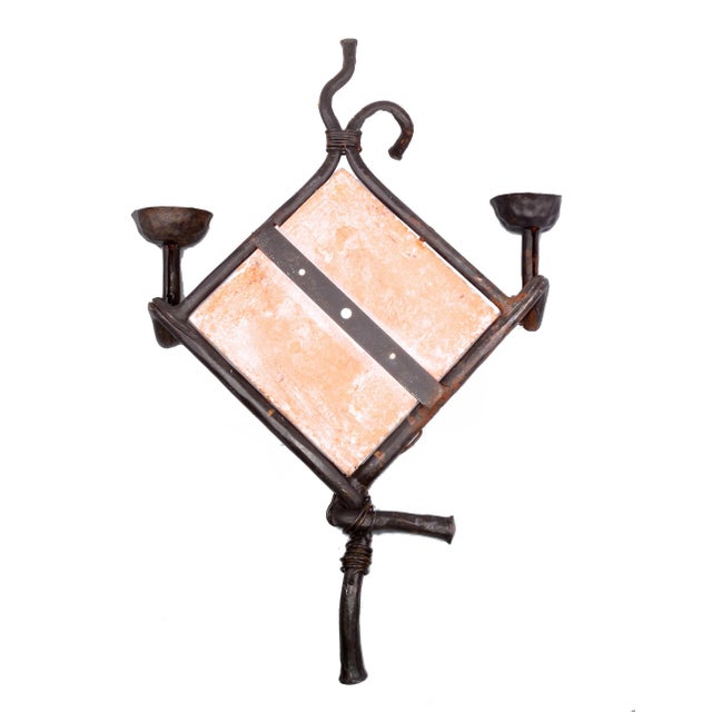 Black Forged Iron and Terracotta Tile 2-Arm Candle Wall Sconce For Sale - Image 8 of 8
