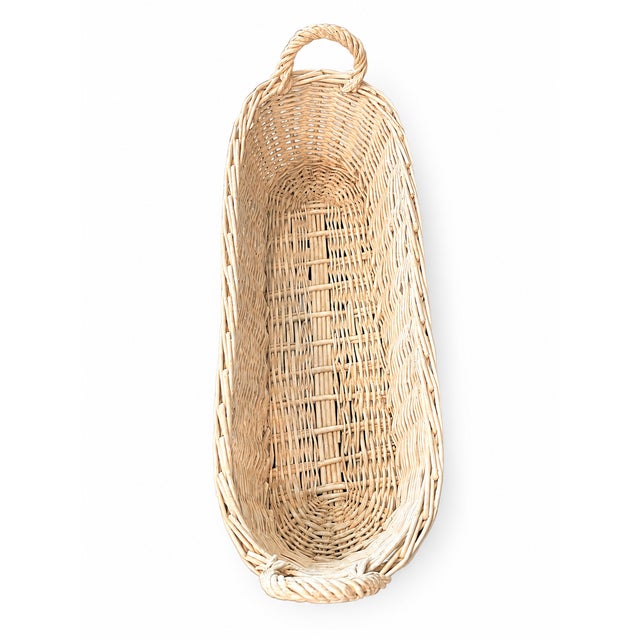 French Country Vintage Long 21 Inch Antique White Painted Wicker Bread Basket With Handles For Sale - Image 3 of 4