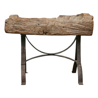 Rustic Mid-Century Wooden Trough Accent Table on Custom Iron Base For Sale