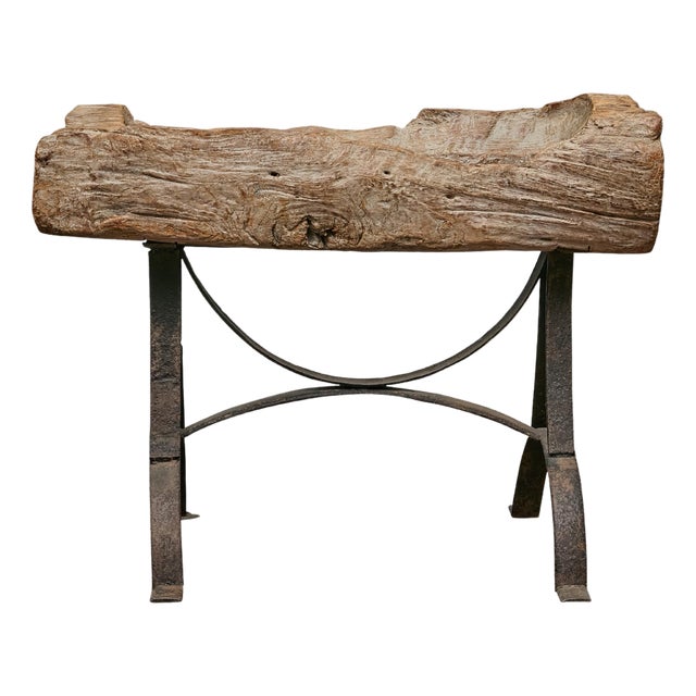 Rustic Mid-Century Wooden Trough Accent Table on Custom Iron Base For Sale