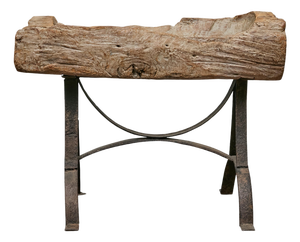 Rustic Mid-Century Wooden Trough Accent Table on Custom Iron Base