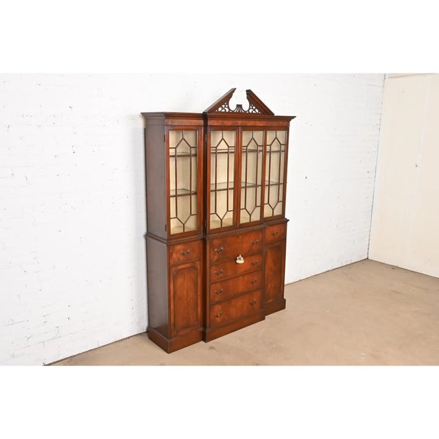 Beautiful Charak Furniture Georgian Carved Flame Mahogany Lighted Breakfront Bookcase Cabinet With Secretary Desk