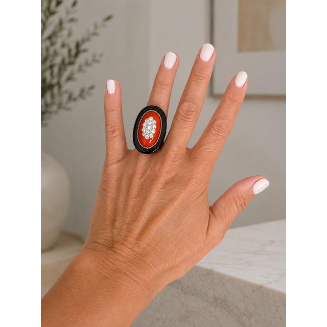 Metal 1970s Italian Coral, Onyx & Diamond 18k Gold Cocktail Ring, Size 7 For Sale - Image 7 of 7