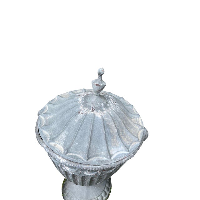 19th Century English Classical Lead Garden Urns with Covers Grey - A Pair For Sale - Image 14 of 18