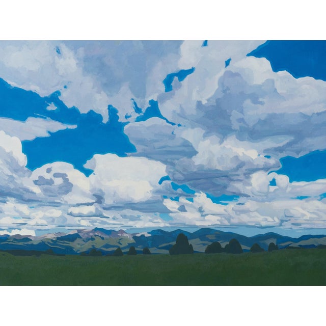"The Rhythm of the Sky" is an oil on linen landscape painting by Michael Magrin, completed in 2026. Large cumulus clouds...