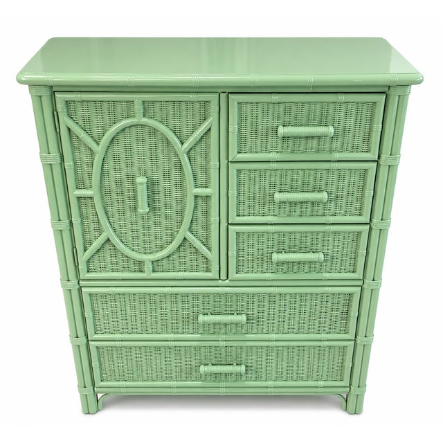 A fabulous vintage Henry Link faux bamboo chest featuring five spacious drawers, beautifully detailed with classic bamboo-...
