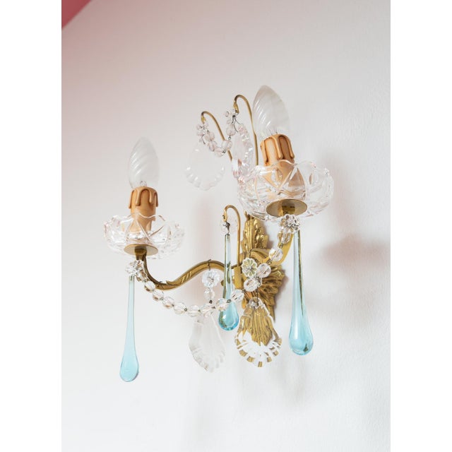Vintage French Wall Sconce in Brass with Pink or Blue Glass Drops, 1960s For Sale - Image 6 of 7