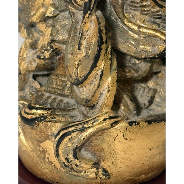 Late 20th Century Late 20th Century Chinoiserie Gilded "Faux Bronze" Laughing Buddha Statue on Wooden Base For Sale - Image 5 of 11