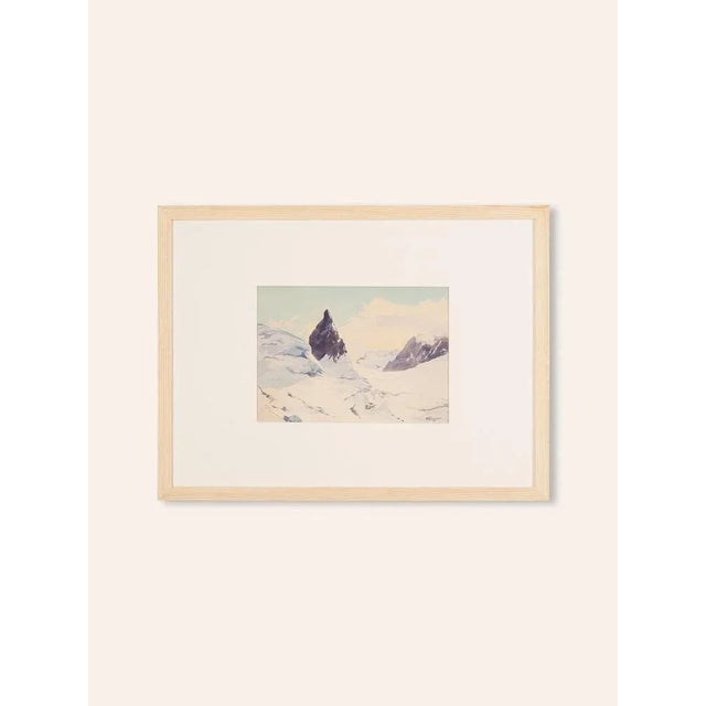 Walter ziegler snowy mountain view. Gouache on paper from the 1910s. Hanged on passepartout in an ash wood picture frame...