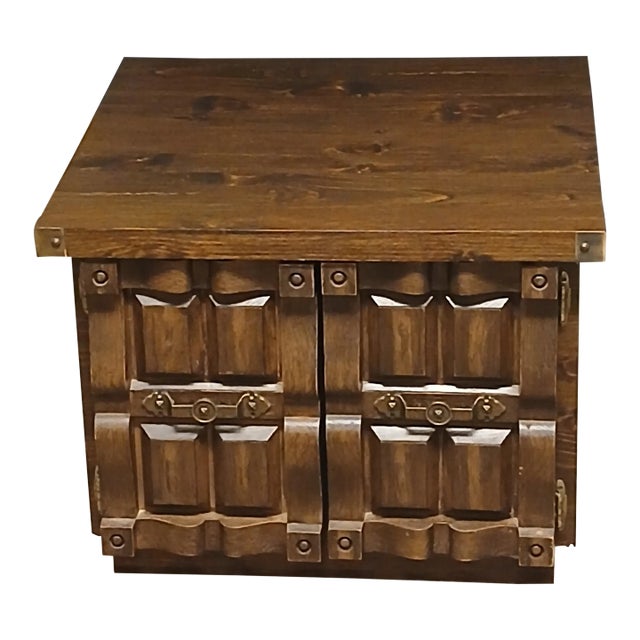 1980s Mid-Century Modern Carved Wood Cabinet With Brass Accents For Sale