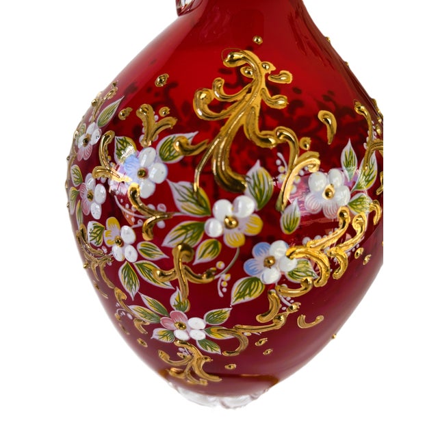 Murano Tre Fuochi Enameled Red & Gold-Hand-Blown Glass Carafe, Decanter For Sale - Image 16 of 17