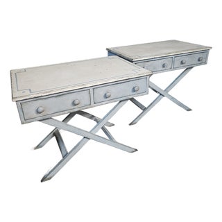 Mid 20th Century Pair of Blue Painted Single Drawer X Frame Side Tables With Blue Accent Line on Top For Sale
