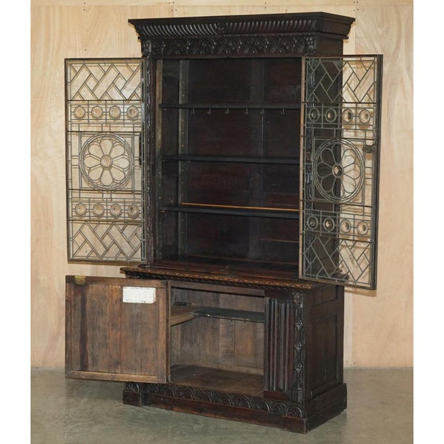 Jacobean Linen Fold Carved Zinc Lined Astral Glazed Bookcase For Sale - Image 17 of 18