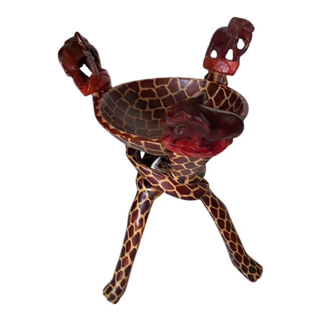 Vintage African Tribal Unity Sculpture Bowl Holder Handcarved Wooden Stand For Sale