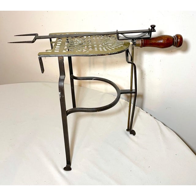 Rare Antique Brass Wood Iron Fireplace Pot Trivet Hearth Stand W Adjustable Fork For Sale - Image 11 of 12