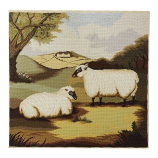 Vintage Sheep in Landscape Needlework – Pastoral Farm Scene Textile Art With Black-Faced Ewes For Sale