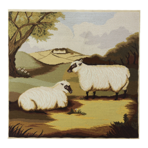 Vintage Sheep in Landscape Needlework – Pastoral Farm Scene Textile Art With Black-Faced Ewes