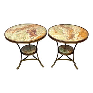 Pair French Neoclassical Bronze & Book-Matched Onyx Gueridons For Sale