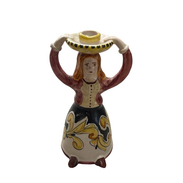 2000 - 2009 Vintage Italian Hand-Painted Majolica Figural Candlestick – Woman in Traditional Dress For Sale - Image 5 of 12