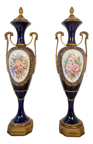 French Blue Ceramic Decorative Vases with Floral Motifs, 1890s, Set of 2