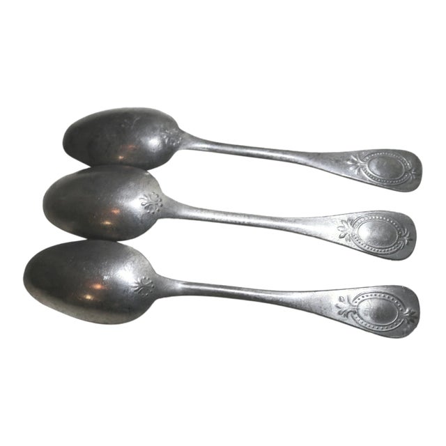 Share Large Rare Set 3 Antique 18th Century Dutch Solid Heavy Cast Pewter Spoon For Sale