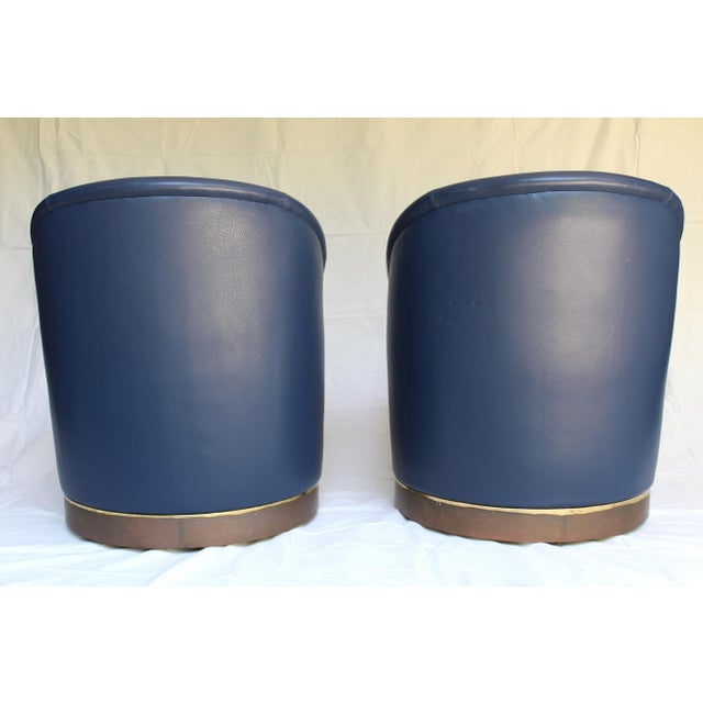 1970s A Pair of Blue Leather Club Chairs on Brass Caster Wheels For Sale In Los Angeles - Image 6 of 7