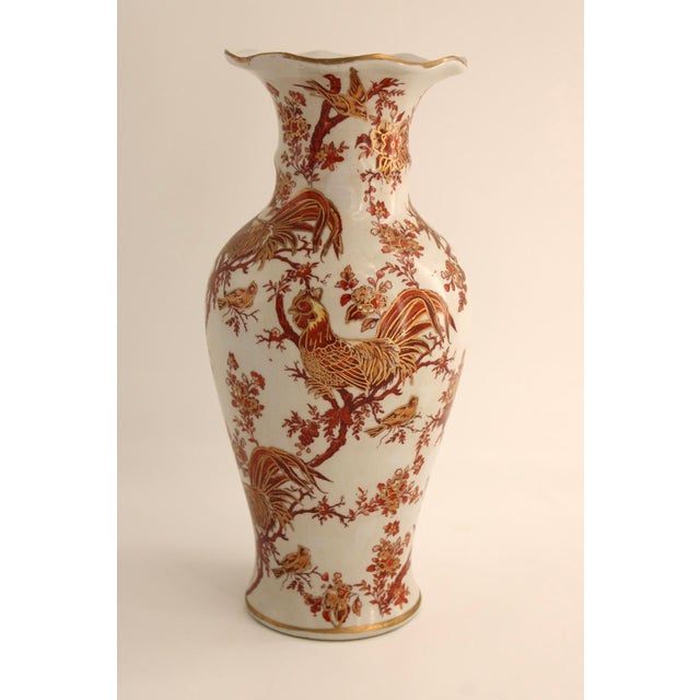 Vtg Mid Century Chinese Porcelain Vase, Hand Painted Roosters, 11.75" Tall x 5.5” Wide