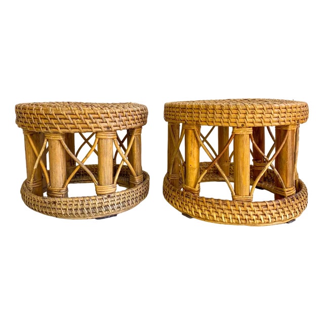 Mid-Century Bamboo and Rattan Plant Stands, 1960s, Set of 2 For Sale