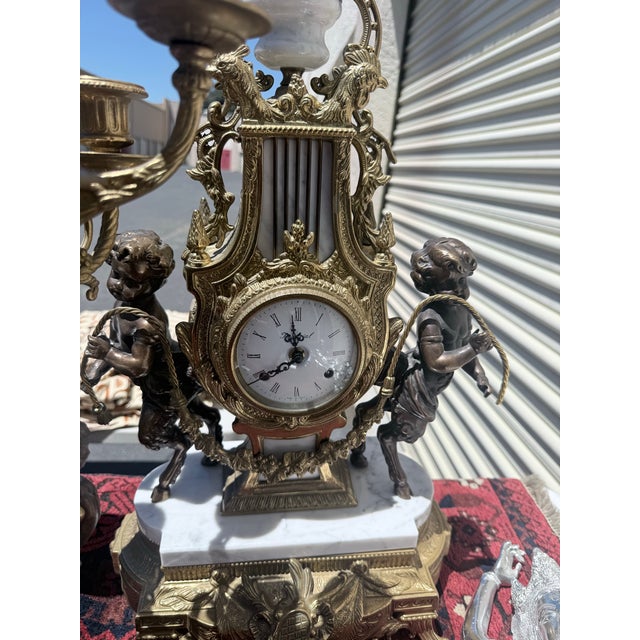 Vintage Imperial Italian-Style Gilt Metal, Marble & Cherub Clock Garniture Set For Sale - Image 10 of 10