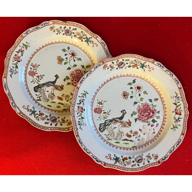 Antique 18th Century Chinese Export Famille Rose Porcelain Plates in the Twin Peacock and Peony Pattern - A Pair For Sale - Image 12 of 12