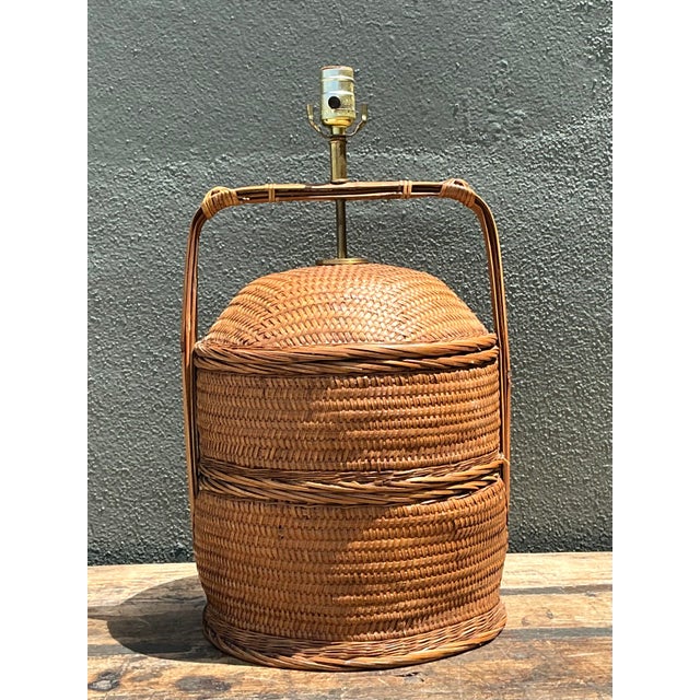 Vintage Woven Rattan Basket Lamp For Sale - Image 4 of 12