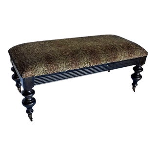 Vintage Rolling Leopard Upholstered Wood Ottoman Bench For Sale