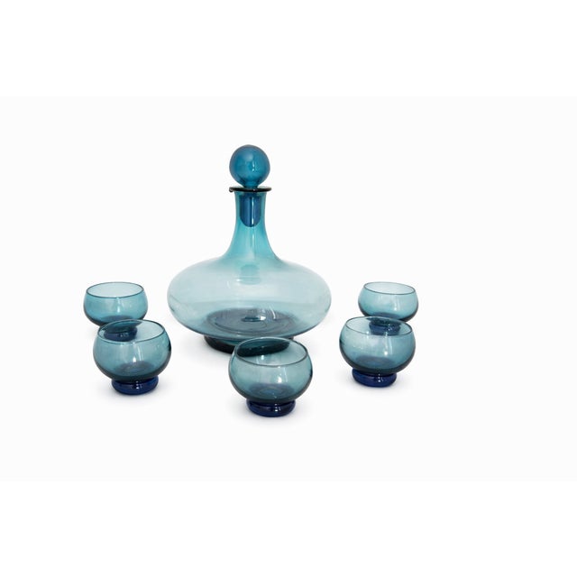 Vintage Mid-Century Modern Empoli-Style Glass Decanter and 5 Cordials Glasses Set For Sale - Image 9 of 9