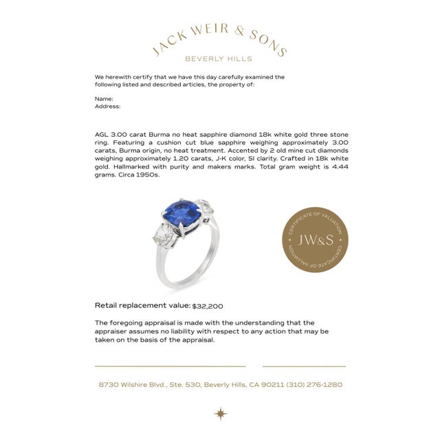 1950s Agl 3.00 Carat Burma No Heat Sapphire Diamond 18k White Gold Three Stone Ring, Size 6.25 For Sale - Image 4 of 4
