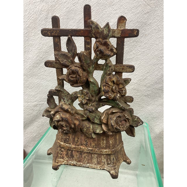 White Antique Iron Floral on Trellis in Basket Doorstop For Sale - Image 8 of 8