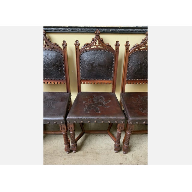 Wood Antique Neo-Gothic Dining Set with Extendable Table and Chairs, 1880, Set of 9 For Sale - Image 7 of 15
