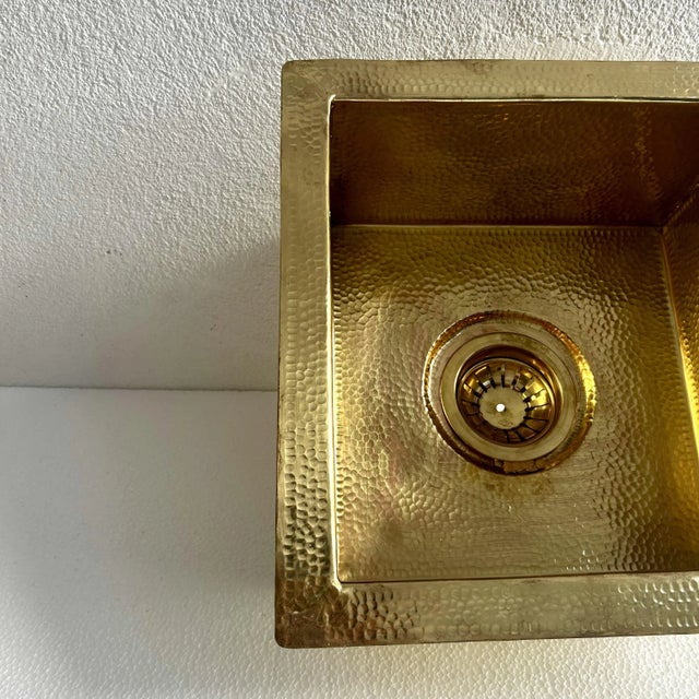 Farmhouse Country Square Brass Hammered Finish Drop-In Sink & Brass Drain For Sale - Image 4 of 10