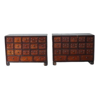 Late 20th Century Pair of Chinese Scholar Apothecary Cabinets With Calligraphy Medicine Drawers For Sale