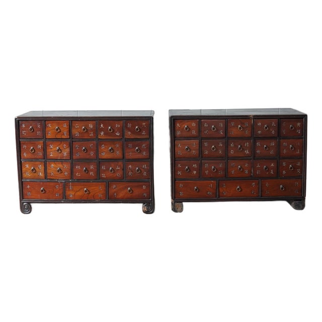 Late 20th Century Pair of Chinese Scholar Apothecary Cabinets With Calligraphy Medicine Drawers For Sale