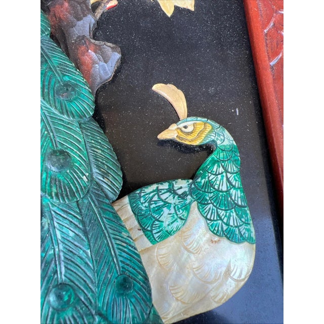 Vintage Chinese Carved Shell and Lacquer Peacock WallHang Artwork, Circa 1950’s For Sale - Image 4 of 15