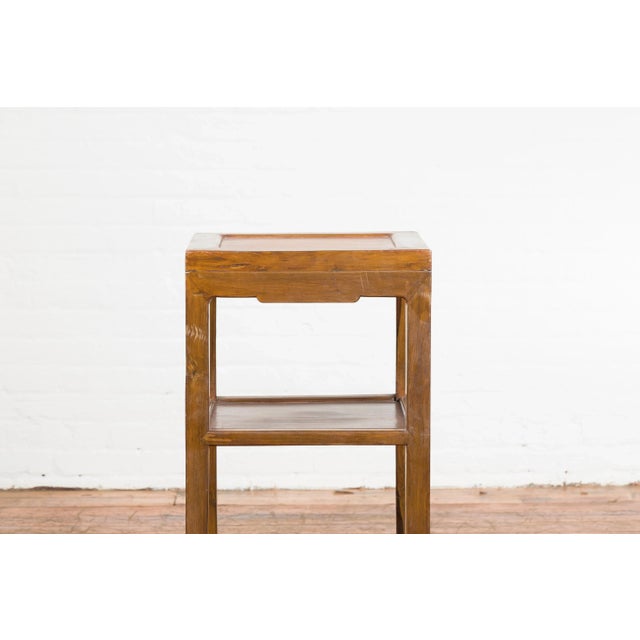 Brown Vintage Honey Brown Side Table With Geometric Base Shelf For Sale - Image 8 of 13