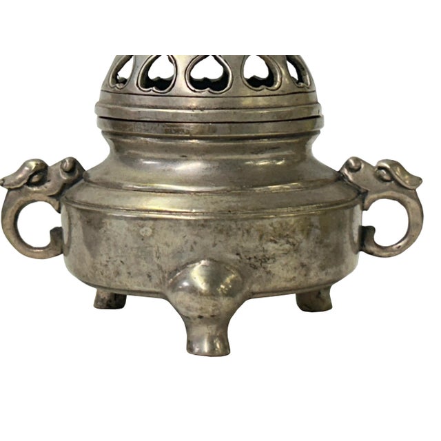 Metal Vintage Silver Pewter Color Metal Foo Dog Ding Shape Incense Holder For Sale - Image 7 of 10