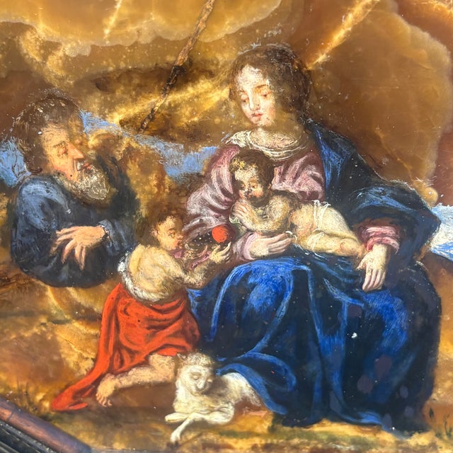 Antique octagonal oil painting on onyx, 17th century. Depicting the Holy Family with St. John offering a fruit to Baby...