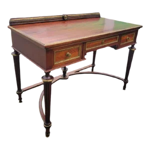 Vintage Antique Louis XVI French Directoire Flame Mahogany Gold Metal Ormolu Accent Writing Desk