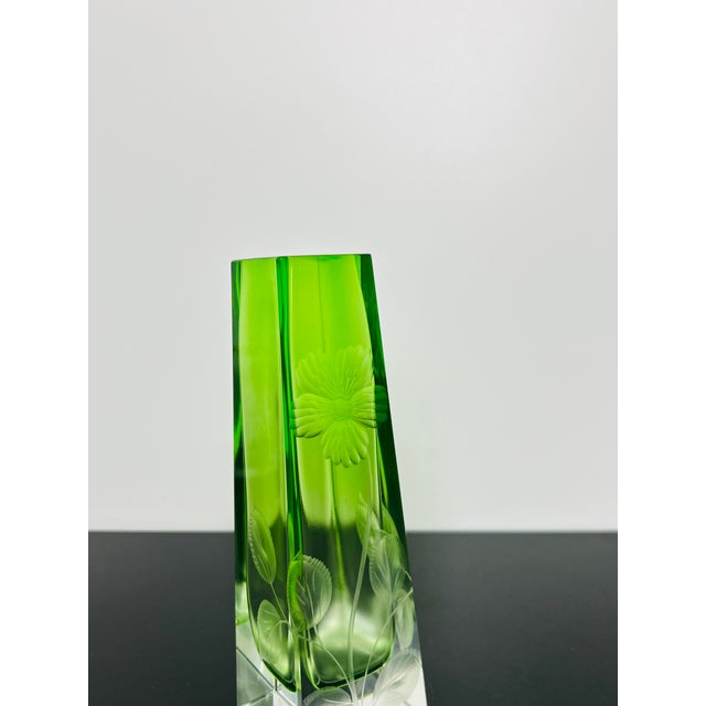 Green 20th Century Green Uranium Art Glass Vase with Hand-Engraved Floral Décor from Moser Karlsbad, Czechoslovakia For Sale - Image 8 of 11