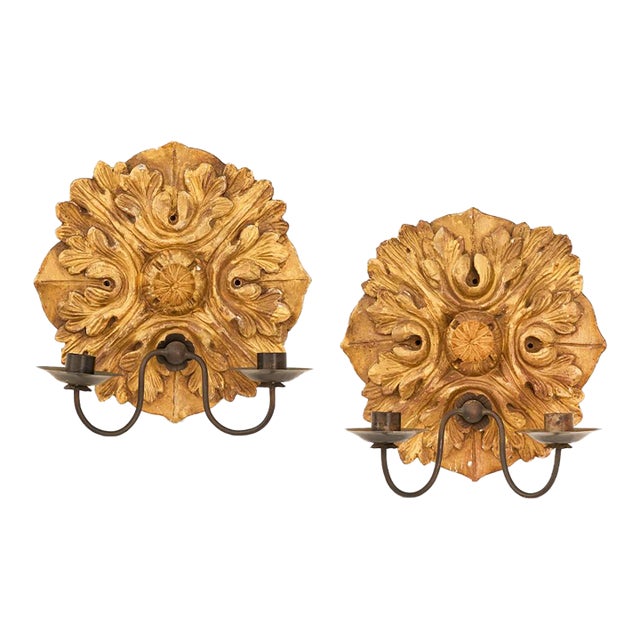 Pair of Mid 20th Century Italian Giltwood and Metal Sconces For Sale